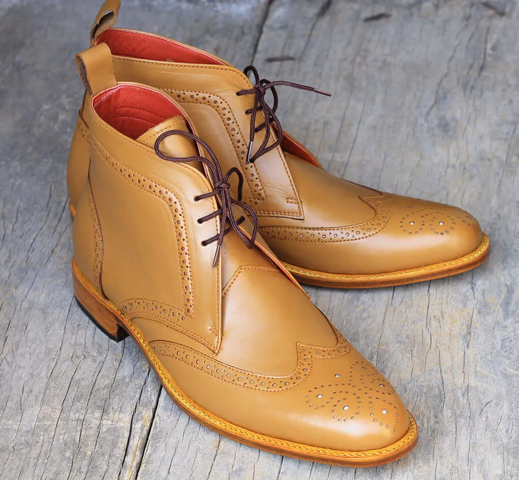 Ankle High Tan Color Chukka Boot, Men's Handmade Leather Wingtip Brogue Lace Up Boots