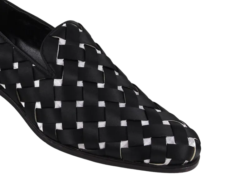 Black and White Prince Plain Toe Satin Slip-On luxury Men's Shoes