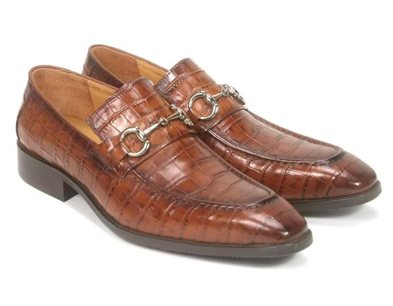 Carrucci Cognac Embossed Leather Men's Dress Shoes Silver Buckle