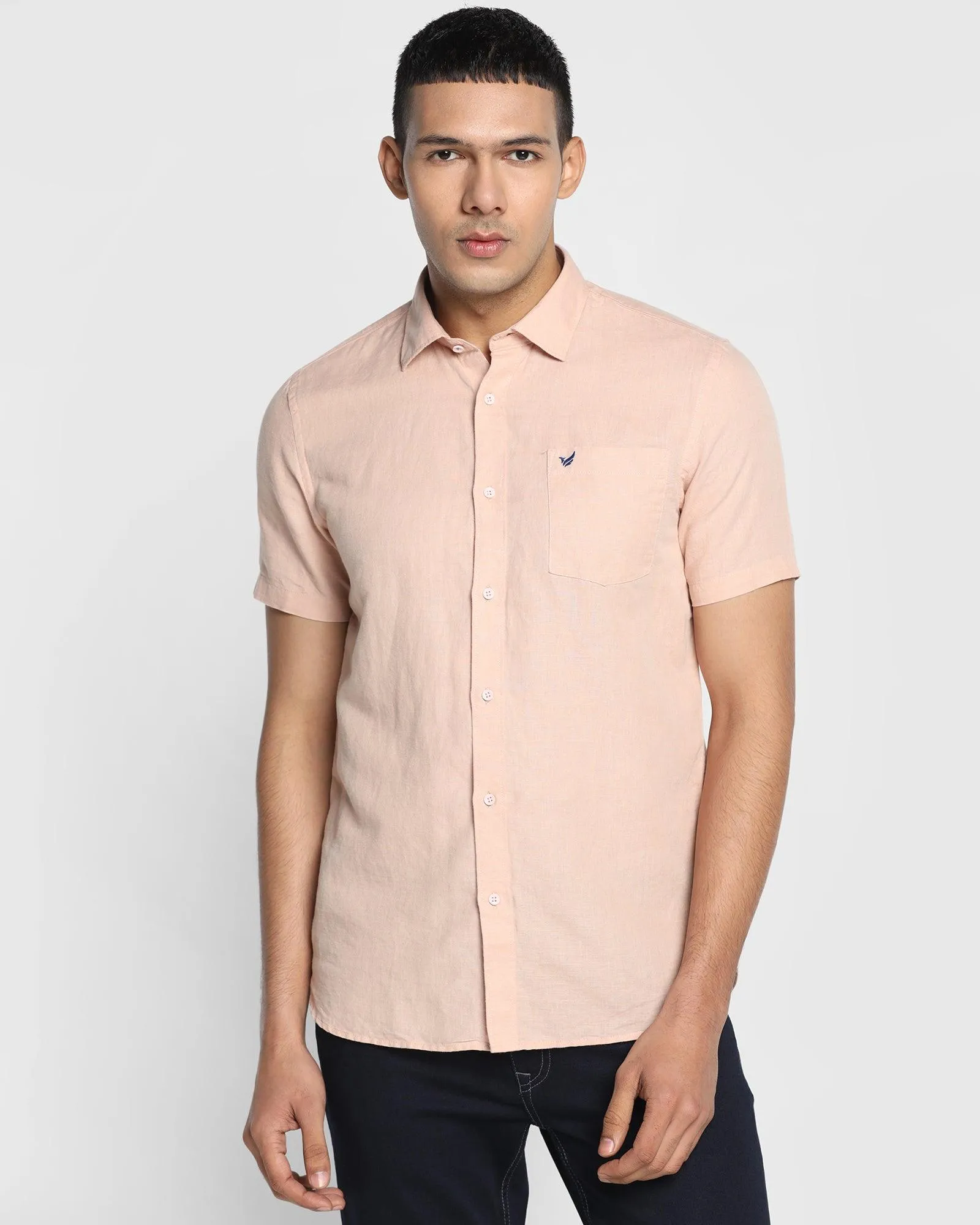 Linen Casual Half Sleeve Peach Solid Shirt - Salmon