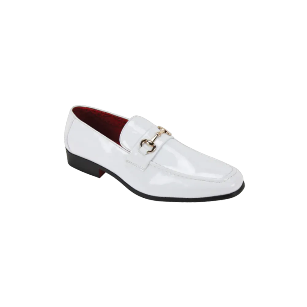 Men's White Patent Leather Dress Shoes Gold Buckle