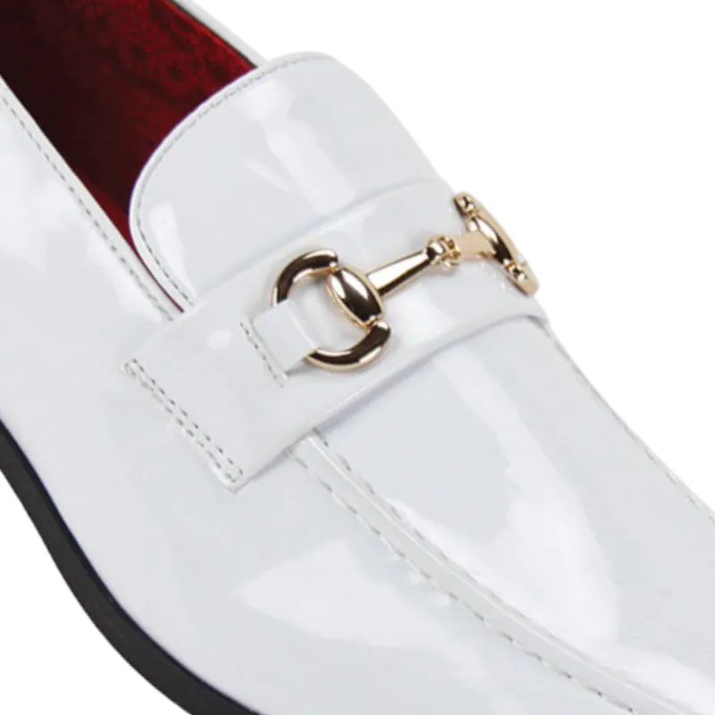 Men's White Patent Leather Dress Shoes Gold Buckle