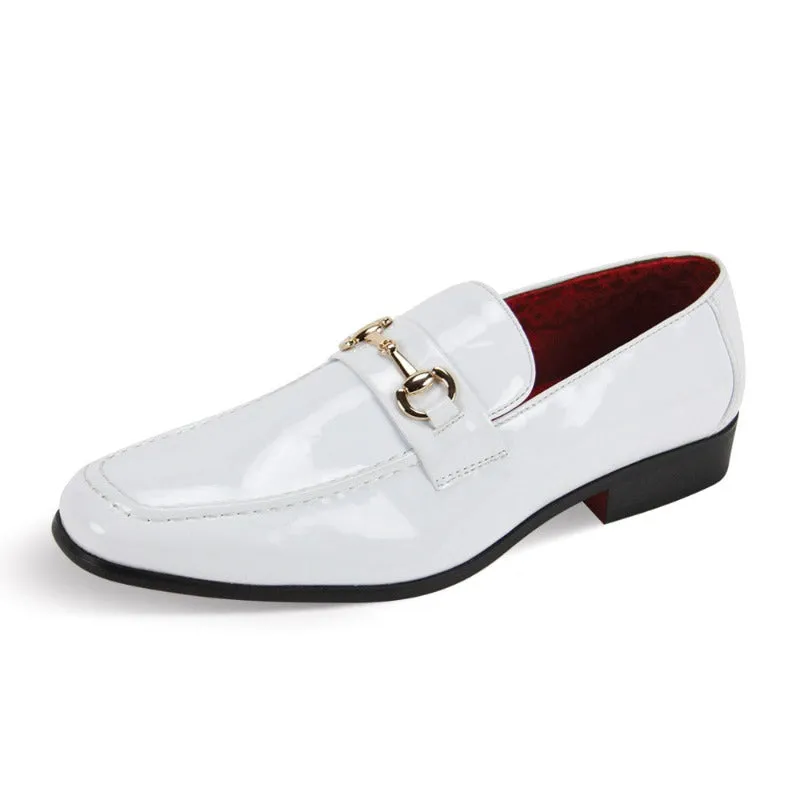 Men's White Patent Leather Dress Shoes Gold Buckle