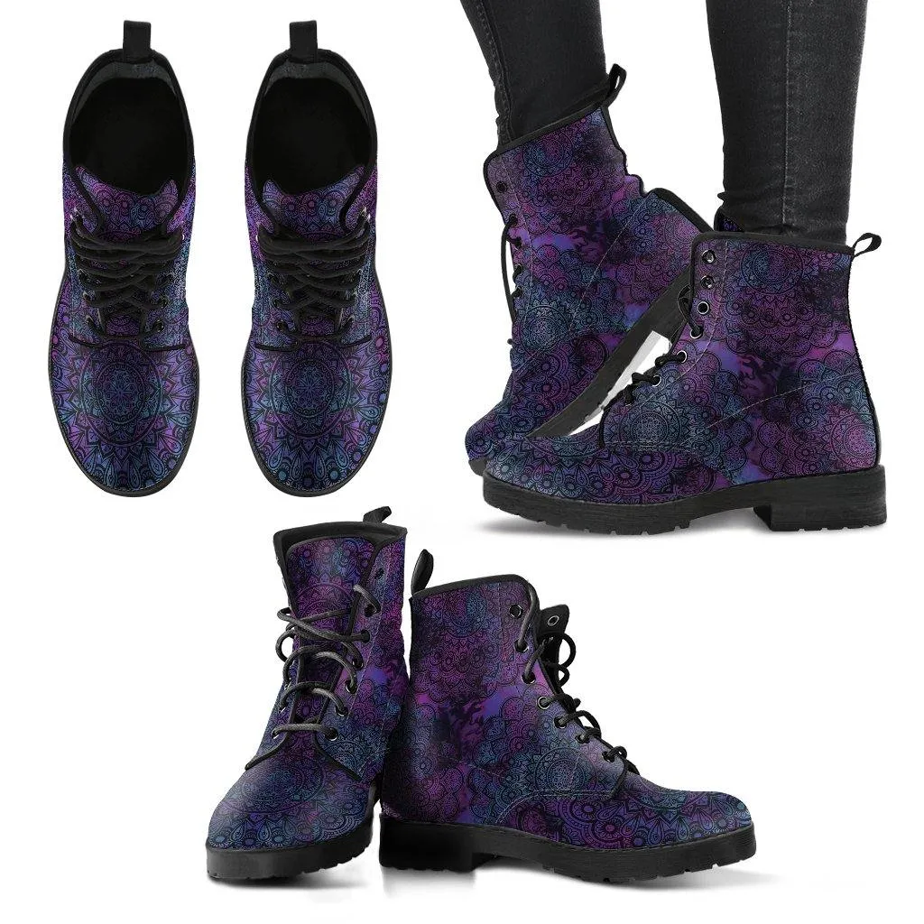 Purple Mandala  Memory Foam Boots | All Season Lace Up Boots | Vegan Leather Combat Boot by Manifestie