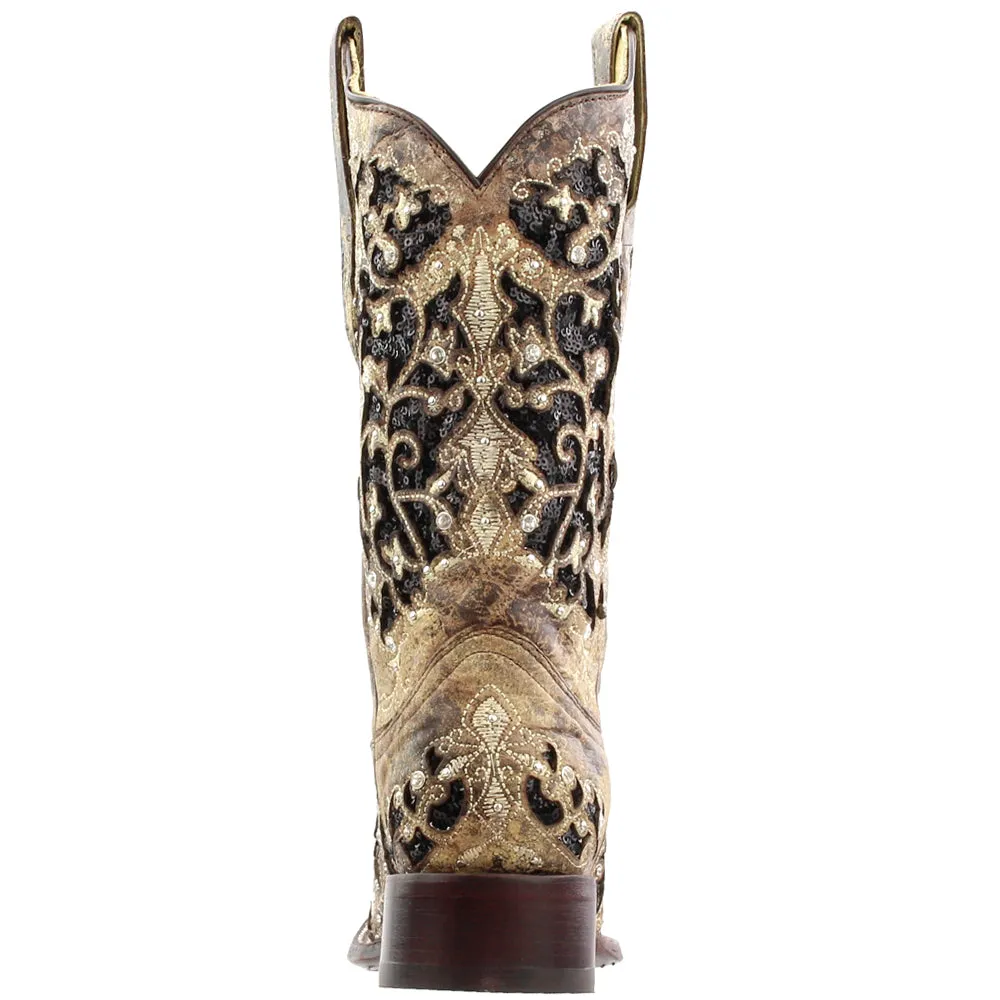 Sequined Tooled-Inlay Square Toe Cowboy Boots