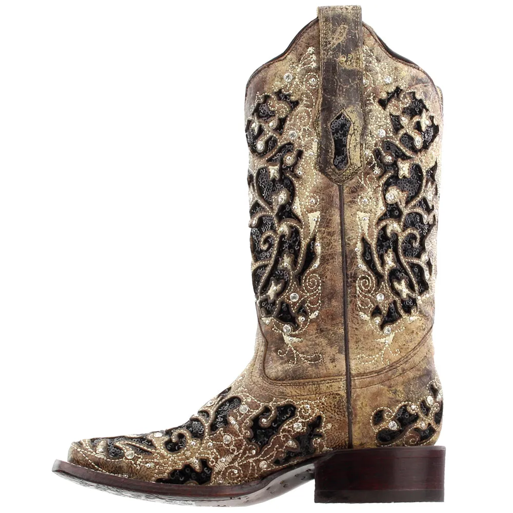 Sequined Tooled-Inlay Square Toe Cowboy Boots