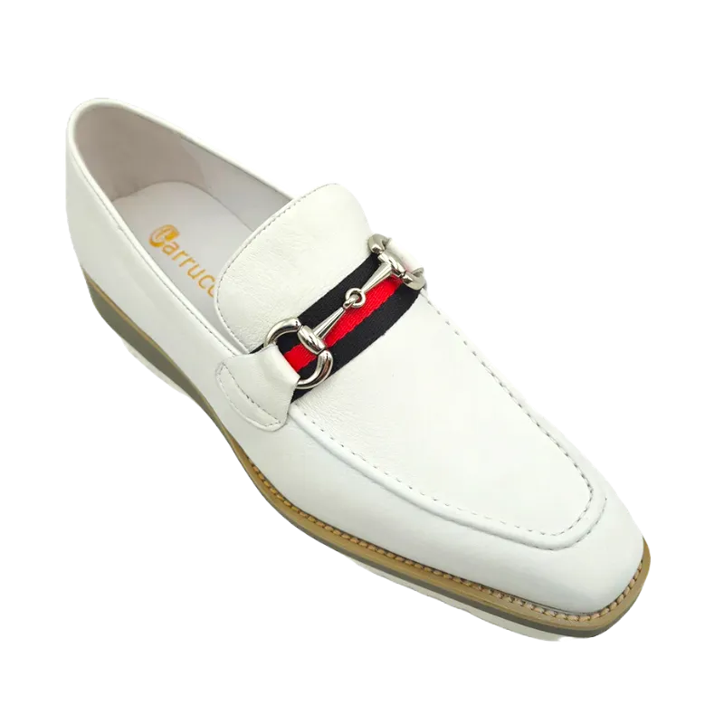 White Carrucci Loafer Leather Men's casual shoes Silver Buckle Red and Green Trim