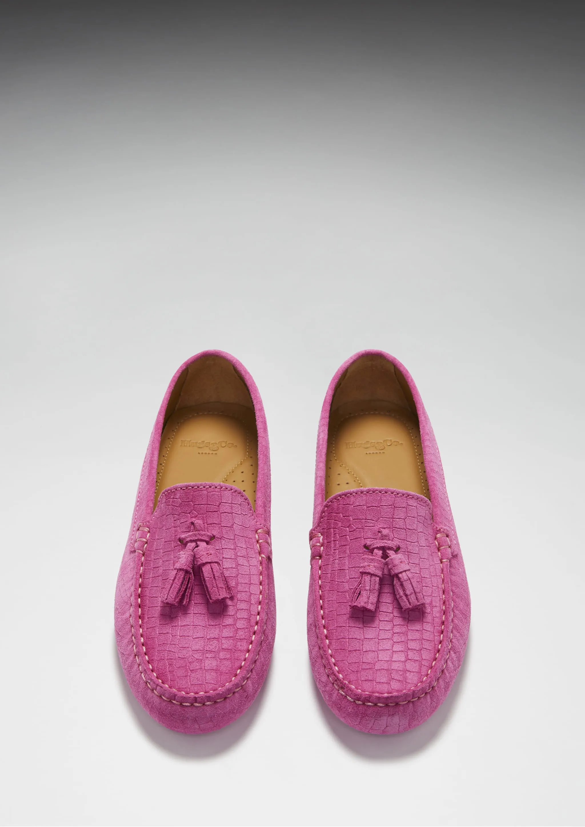 Women's Tasselled Driving Loafers, pink embossed suede